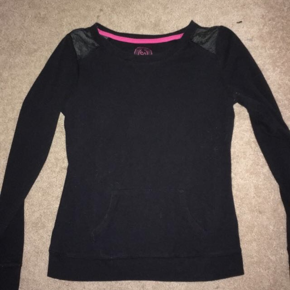 Black hooded sweatshirt with mesh shoulders
